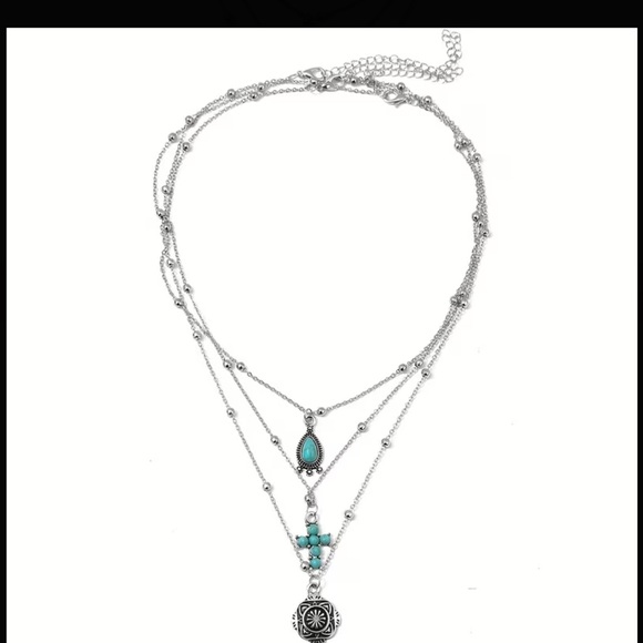 3 piece Layered Silver Turquoise Necklace set - Picture 5 of 6